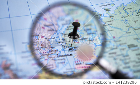 Map showing the location of Turku marked with a pin and magnifying glass Map showing the location of Turku marked with a pin and magnifying glass 141239296