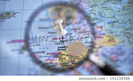 Magnifying glass over map highlighting location in Esbjerg Magnifying glass over map highlighting location in Esbjerg 141239306