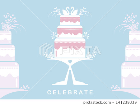 Three tiered celebratory wedding cake, swans in love, symbolizing sweet beginnings. Suitable for bakeries, dessert menus, and reception planning. Beautiful cake decorated with floral elements, Three tiered celebratory wedding cake, swans in love, symbolizing sweet beginnings. Suitable for bakeries, dessert menus, and reception planning. Beautiful cake decorated with floral elements, 141239339
