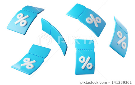 Flying 3d blue discount tags with percent signs, isolated on background. Coupon label for promotion, sales, banners. 3d render Flying 3d blue discount tags with percent signs, isolated on background. Coupon label for promotion, sales, banners. 3d render 141239361