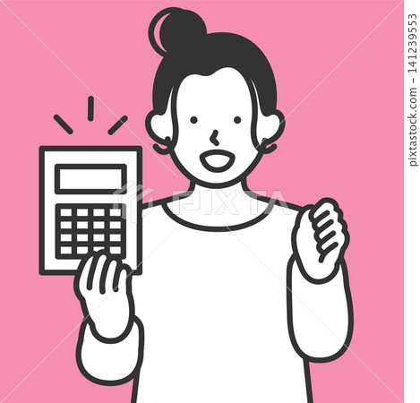 An illustration depicting a young woman with a calculator in hand, smiling, who has solved household budget management and savings problems, representing money and peace of mind. An illustration depicting a young woman with a calculator in hand, smiling, who has solved household budget management and savings problems, representing money and peace of mind. 141239553
