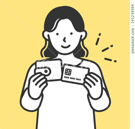 An illustration of a young woman smiling with relief in her hand, having resolved her worries about credit card and revolving payments, and holding her wallet in her hand. An illustration of a young woman smiling with relief in her hand, having resolved her worries about credit card and revolving payments, and holding her wallet in her hand. 141239564