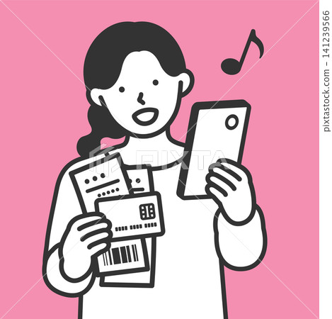 An illustration of a woman who uses her smartphone to resolve her concerns about credit card payments and revolving credit issues while looking at receipts and statements, bringing her peace of mind. An illustration of a woman who uses her smartphone to resolve her concerns about credit card payments and revolving credit issues while looking at receipts and statements, bringing her peace of mind. 141239566