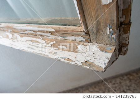 Old Wooden Window Frame with Partially Stripped Paint Old Wooden Window Frame with Partially Stripped Paint 141239765