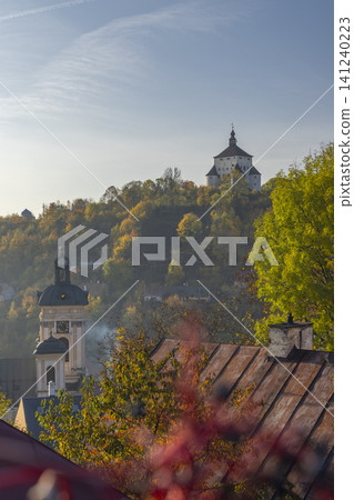 Old Castle crowning Banska Stiavnica autumn cityscape Old Castle crowning Banska Stiavnica autumn cityscape 141240223