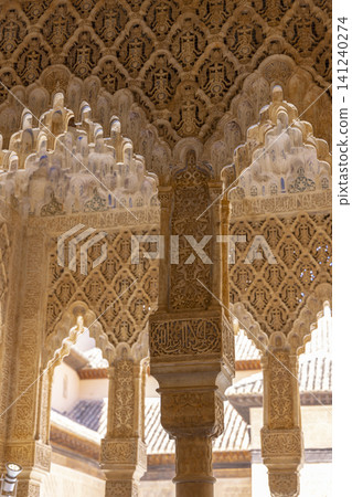 Ornate Islamic architecture details reflecting historic Nasrid dynasty, Alhambra, Granada Ornate Islamic architecture details reflecting historic Nasrid dynasty, Alhambra, Granada 141240274