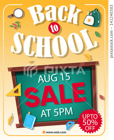 Engaging Back to School event poster featuring a blackboard design, autumn leaves, school items, and bold sale typography, highlighting a fifty percent discount offer, perfect for retailers to announc Engaging Back to School event poster featuring a blackboard design, autumn leaves, school items, and bold sale typography, highlighting a fifty percent discount offer, perfect for retailers to announc 141240383