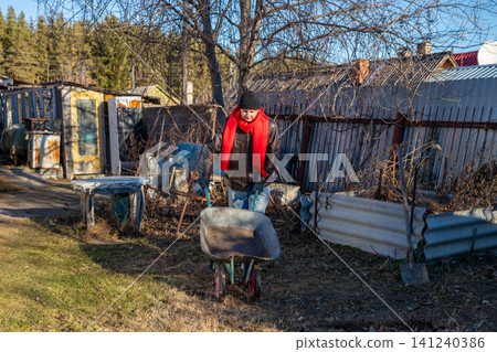 Man pushing wheelbarrow in garden during autumn. Gardener holding equipment for transport of soil and leaves. Rural lifestyle at homestead, seasonal outdoor work maintenance concept. Man pushing wheelbarrow in garden during autumn. Gardener holding equipment for transport of soil and leaves. Rural lifestyle at homestead, seasonal outdoor work maintenance concept. 141240386