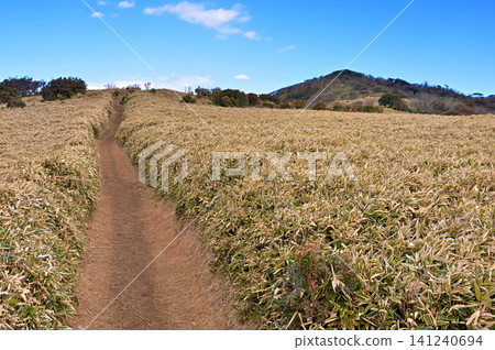 The Izu Ridge Trail on the Izu Peninsula: Daruma Mountain at the end of the grassy ridge trail of Kodaruma Mountain. The Izu Ridge Trail on the Izu Peninsula: Daruma Mountain at the end of the grassy ridge trail of Kodaruma Mountain. 141240694