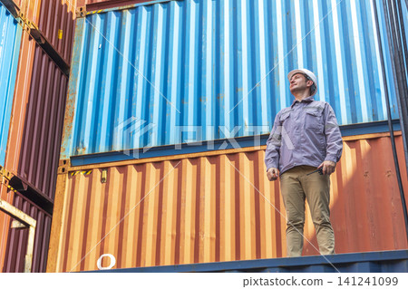 Happy Winner manager, Foreman shipping staff working at Container cargo rising hand and pointing finger for Win in Logistic Business. Leader stand on above container. 141241099