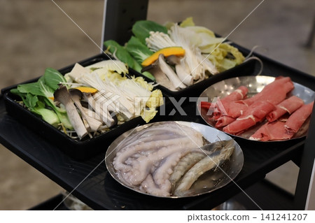 Hot Pot Ingredients Platter with Fresh Produce and Meat Hot Pot Ingredients Platter with Fresh Produce and Meat 141241207