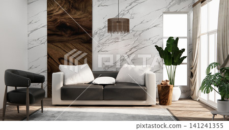 Modern room interior wabisabi style mint Armchair onEmpty room wabi sabi style. 3D illustration rendering Modern room interior wabisabi style mint Armchair onEmpty room wabi sabi style. 3D illustration rendering 141241355