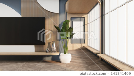 Tv cabinet in modern zen living room on dark blue wall background,3d rendering 141241409