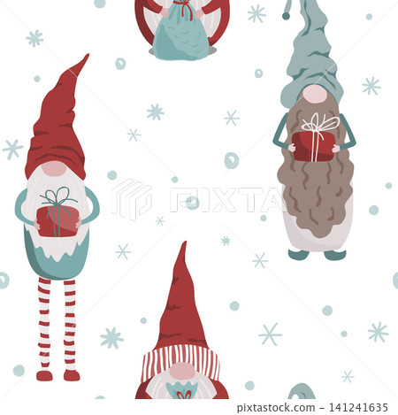 Cute Scandinavian Christmas gnomes with presets seamless pattern. Cute elves and snow seamless pattern. Vector illustration in cartoon style 141241635