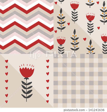 Stylish folk flower patchwork seamless pattern. Ornament in black, beige and red colors. Geometric background. Vector illustration, Stylish folk flower patchwork seamless pattern. Ornament in black, beige and red colors. Geometric background. Vector illustration, 141241636