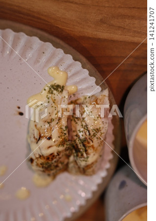 Grilled Fish Fillets with Herb Sauce on Plate Grilled Fish Fillets with Herb Sauce on Plate 141241707