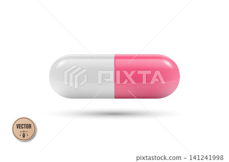 Vector 3d Pink and White Capsule Pill Isolated. Realistic 3d Medicine Illustration for Pharmacy and Healthcare. Prescription Drug Supplement Concept. Medical Medication Icon 141241998