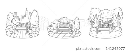 A small landscape with a wooden bench: A set of 3 line art illustrations. A small landscape with a wooden bench: A set of 3 line art illustrations. 141242077