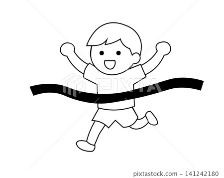 A black and white illustration of a child crossing the finish line at a school sports day. A black and white illustration of a child crossing the finish line at a school sports day. 141242180