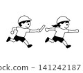 A black and white illustration of a relay race where batons are passed at a school sports day. 141242187
