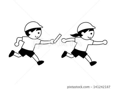 A black and white illustration of a relay race where batons are passed at a school sports day. A black and white illustration of a relay race where batons are passed at a school sports day. 141242187