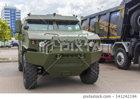 MINSK, BELARUS - JULY 3, 2026: Exhibition of heavy military equipment and trucks on the square outside Chizhovka Arena during Independence Day celebrations. MINSK, BELARUS - JULY 3, 2026: Exhibition of heavy military equipment and trucks on the square outside Chizhovka Arena during Independence Day celebrations. 141242194
