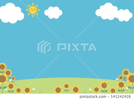 [Vector] Summer landscape background with blue sky and sunflowers - Cute background illustration 141242426