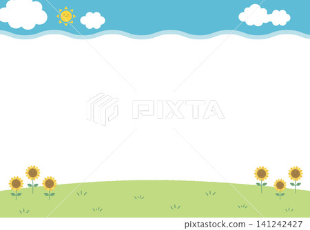 [Vector] Cloud border and sunflower summer background illustration with copy space 141242427