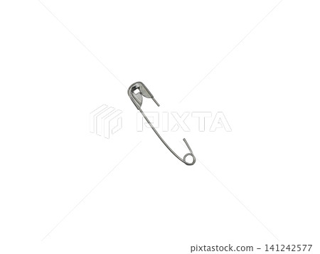 Single opened silver safety pin isolated on white background, close up shot of metallic fastener. 141242577