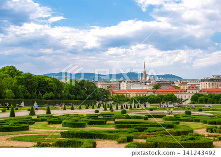 Austria, Vienna: A view of the gardens and the city of Vienna against the blue sky from Belvedere Palace. Austria, Vienna: A view of the gardens and the city of Vienna against the blue sky from Belvedere Palace. 141243492