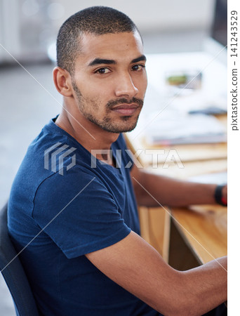 Portrait, serious and business man in office at desk of creative startup for career or job of male person in Brazil. Face, professional and confident entrepreneur at table, designer and employee Portrait, serious and business man in office at desk of creative startup for career or job of male person in Brazil. Face, professional and confident entrepreneur at table, designer and employee 141243529