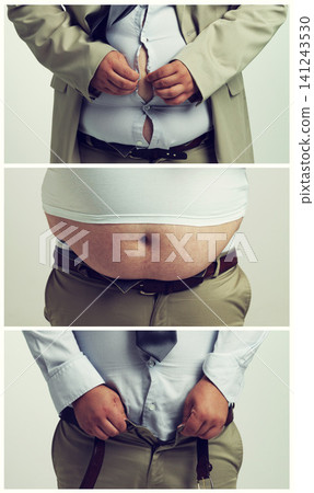 Composite, plus size and body of man for transformation, weight loss and abdomen with white background. Professional, stomach and male person for struggle, pants and shirt on studio backdrop Composite, plus size and body of man for transformation, weight loss and abdomen with white background. Professional, stomach and male person for struggle, pants and shirt on studio backdrop 141243530