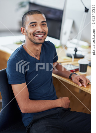 Happy, office and portrait of creative man at desk with project for company in Brazil. Excited, employee and person with a smile for productivity, process or planning a development in workplace Happy, office and portrait of creative man at desk with project for company in Brazil. Excited, employee and person with a smile for productivity, process or planning a development in workplace 141243535