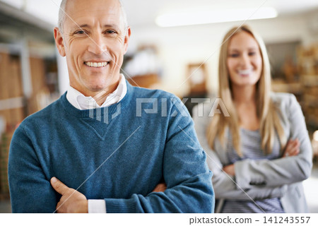 Mature, man and portrait of boss with arms crossed in warehouse for confidence or leadership in logistics industry. Collaboration, executive and employer with happiness for career and service Mature, man and portrait of boss with arms crossed in warehouse for confidence or leadership in logistics industry. Collaboration, executive and employer with happiness for career and service 141243557