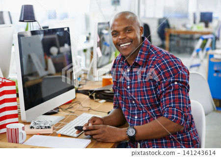 African man, portrait and phone or happy with creative job, technology with web designer in office workspace at desk. Businessman, smile and workplace for online search with internet browse African man, portrait and phone or happy with creative job, technology with web designer in office workspace at desk. Businessman, smile and workplace for online search with internet browse 141243614