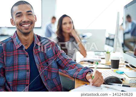Happy, office and portrait of man coworking with people for creative project in Brazil company. Excited, employee and person smile for collaboration with productivity or planning teamwork with notes Happy, office and portrait of man coworking with people for creative project in Brazil company. Excited, employee and person smile for collaboration with productivity or planning teamwork with notes 141243620