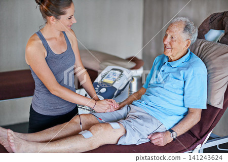 Happy woman, physiotherapist and senior patient with elderly care for monitoring health or wellness at clinic. Female person or practitioner helping mature man with smile for medical support or trust Happy woman, physiotherapist and senior patient with elderly care for monitoring health or wellness at clinic. Female person or practitioner helping mature man with smile for medical support or trust 141243624