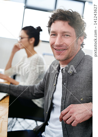 Happy, office and portrait of man coworking with team on creative project in London company. Excited, employee and person with a smile for productivity on collaboration in workplace with teamwork Happy, office and portrait of man coworking with team on creative project in London company. Excited, employee and person with a smile for productivity on collaboration in workplace with teamwork 141243627