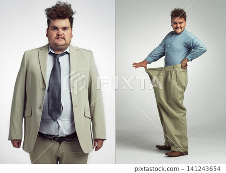 Collage, weight loss and progress of man for transformation, diet and detox with white background. Wellness, stomach and male person for before after in fitness, workout and exercise in studio 141243654