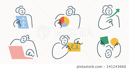 Cartoon Doodle line character set with people holding documents, pie chart, laptop and growth arrow, illustrating business and data concepts. Cartoon Doodle line character set with people holding documents, pie chart, laptop and growth arrow, illustrating business and data concepts. 141243668