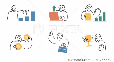 Business Success. Cartoon Doodle line character set with people pointing at growth charts, exchanging coins and holding a trophy, illustrating business success. Business Success. Cartoon Doodle line character set with people pointing at growth charts, exchanging coins and holding a trophy, illustrating business success. 141243669