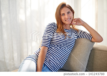 Relax, happy and portrait of woman on sofa in house, home and living room with peace or calm and happy to rest for weekend. Female person, gen z girl and lady in apartment, lounge and on couch Relax, happy and portrait of woman on sofa in house, home and living room with peace or calm and happy to rest for weekend. Female person, gen z girl and lady in apartment, lounge and on couch 141243780