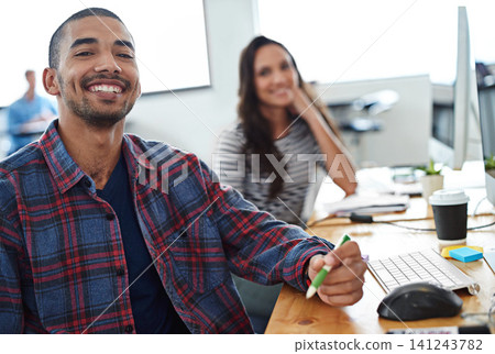 Business people, planning and teamwork in workspace by computer for creative project or copywriting career. Portrait of a young man and woman with collaboration and happy at a online startup company Business people, planning and teamwork in workspace by computer for creative project or copywriting career. Portrait of a young man and woman with collaboration and happy at a online startup company 141243782