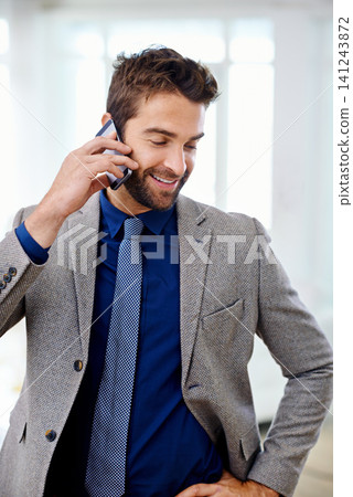Phone call, smile and businessman in office, formal and conversation for business owner. Smartphone, technology and talking in suit for professional male person, startup entrepreneur for finance Phone call, smile and businessman in office, formal and conversation for business owner. Smartphone, technology and talking in suit for professional male person, startup entrepreneur for finance 141243872