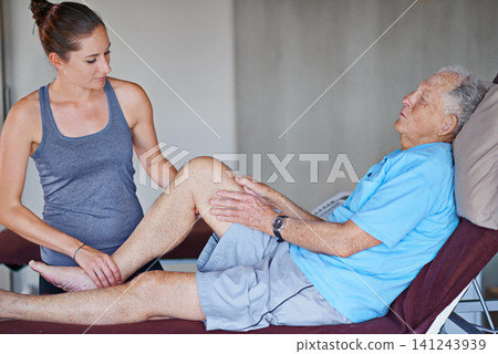 Woman, physiotherapist and senior patient with leg pain in elderly care for joint or stretching at clinic. Female person or chiropractor helping man in consultation for arthritis or ache at hospital Woman, physiotherapist and senior patient with leg pain in elderly care for joint or stretching at clinic. Female person or chiropractor helping man in consultation for arthritis or ache at hospital 141243939