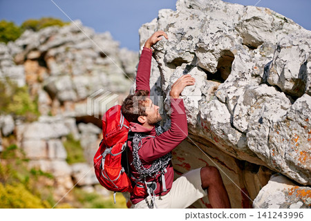 Man, mountain climbing and fitness for adventure outdoor, freedom and journey with travel, focus and strong. Determination, concentration and trekking with challenge, peak and rocks on rough terrain Man, mountain climbing and fitness for adventure outdoor, freedom and journey with travel, focus and strong. Determination, concentration and trekking with challenge, peak and rocks on rough terrain 141243996