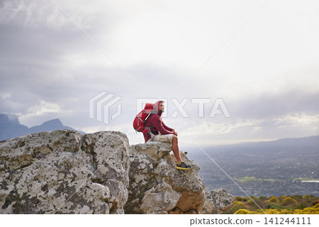 Man, cliff and thinking on outdoor hike in nature, mountain and peace or calm on rocks for wellness. Person, exercise and travel with backpack on vacation, inspiration and explore bush for fitness Man, cliff and thinking on outdoor hike in nature, mountain and peace or calm on rocks for wellness. Person, exercise and travel with backpack on vacation, inspiration and explore bush for fitness 141244111