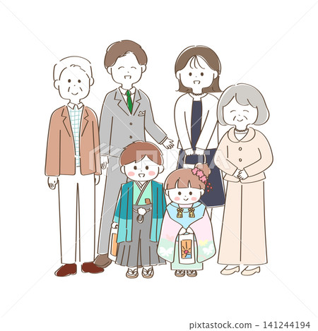 一幅描繪三代同堂的家庭前往神社參加七五三(日本兒童傳統成年禮)的插圖。 一幅描繪三代同堂的家庭前往神社參加七五三(日本兒童傳統成年禮)的插圖。 141244194