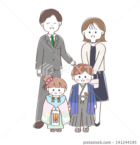 An illustration of a Japanese family of four visiting a shrine for the Shichi-Go-San festival. An illustration of a Japanese family of four visiting a shrine for the Shichi-Go-San festival. 141244195
