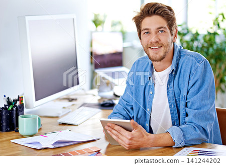 Portrait, office and man with smile, tablet and technology for social media, networking and internet. Creative, male person and staff for remote, working and happiness for career as author on desk Portrait, office and man with smile, tablet and technology for social media, networking and internet. Creative, male person and staff for remote, working and happiness for career as author on desk 141244202
